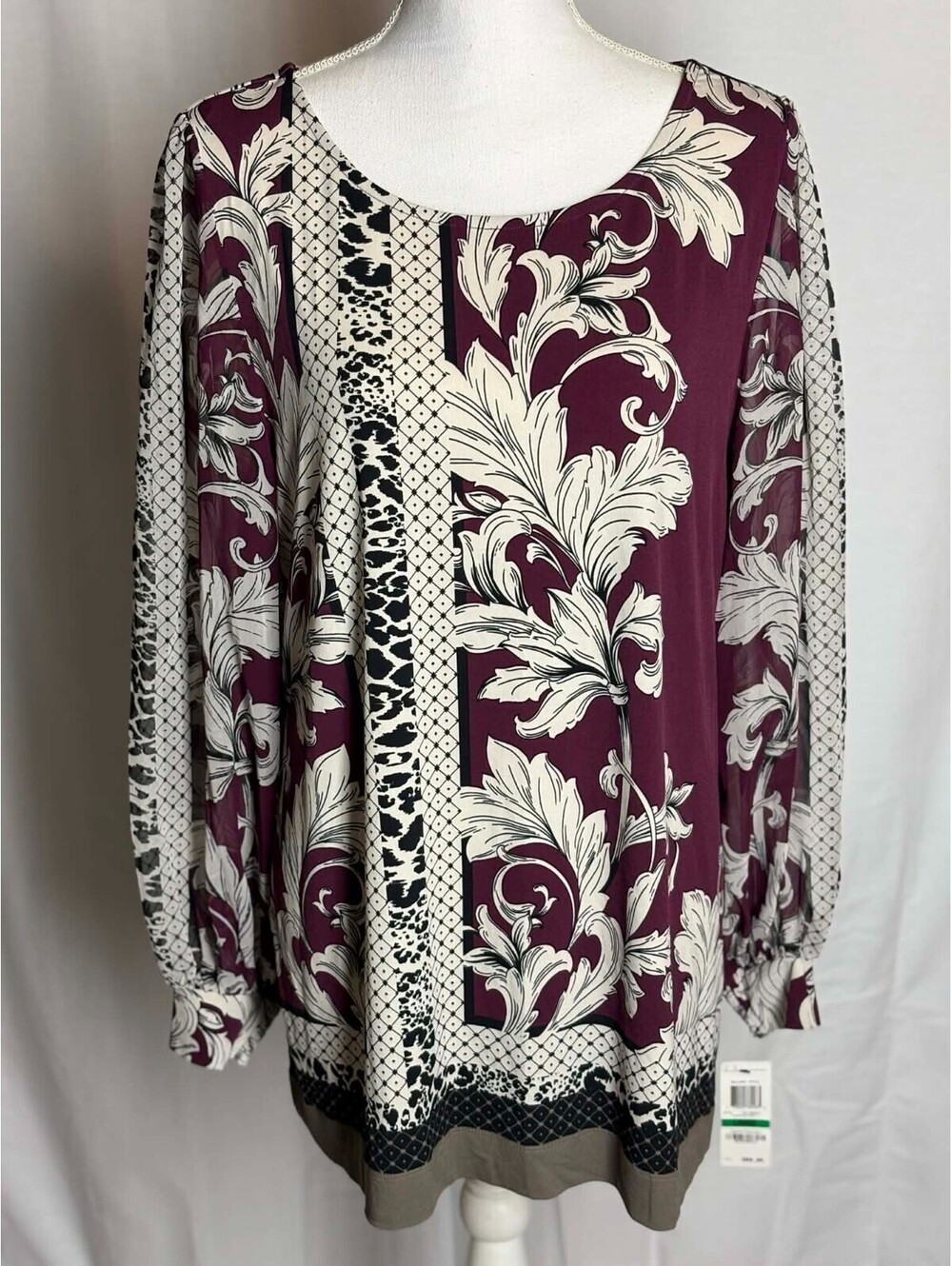 Vintage Alfani Burgundy Maroon Sheer Poet Sleeve Floral Top Blouse Large NWT